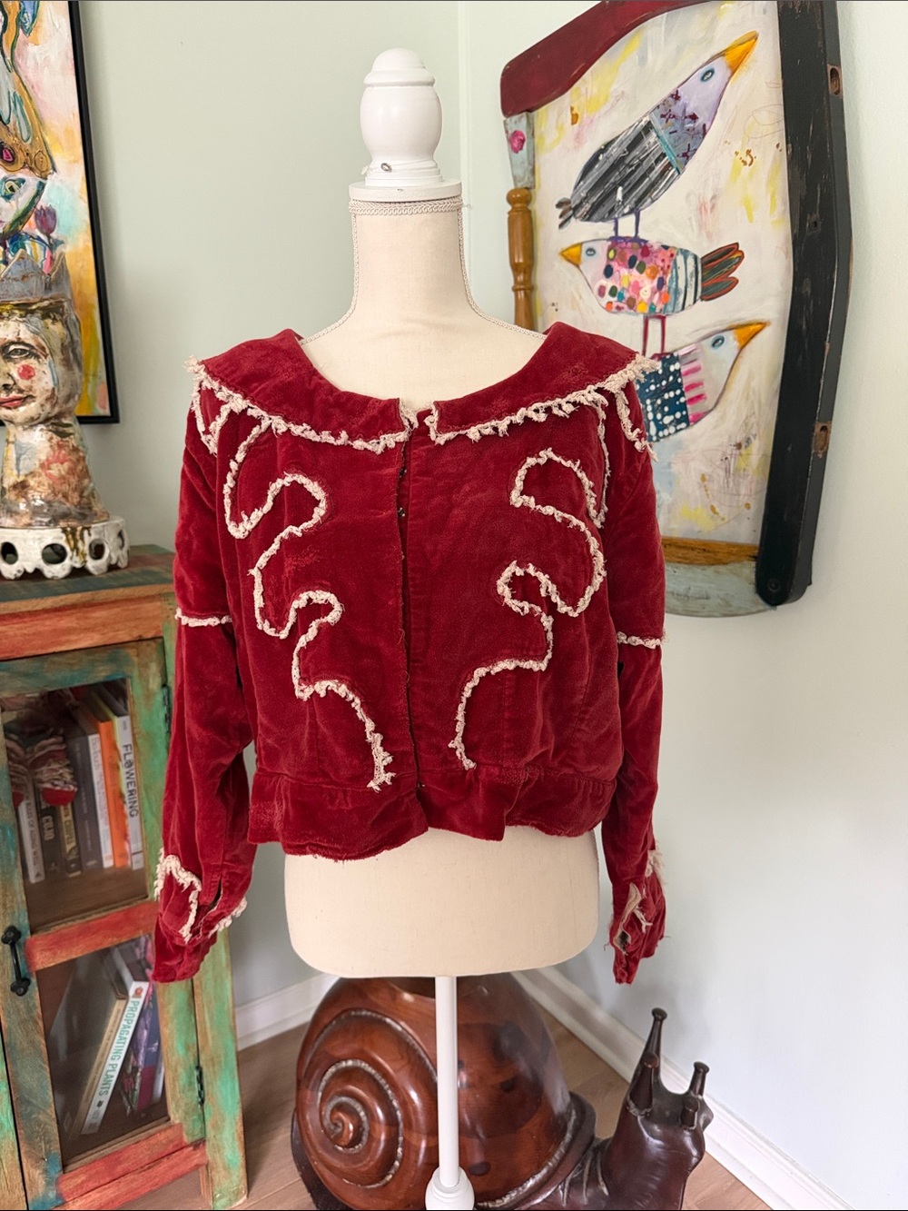 Magnolia Pearl Deep Red Velvet Embroidered Jacket